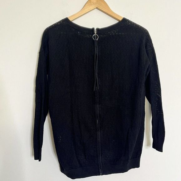 Sandro Womens Sweater Back Zip Scoop‎ Neck Open Knit Black Cotton Size 1 Paris - Picture 2 of 10